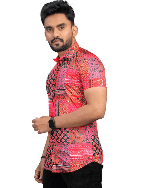 Pink Floral Stretch Short Sleeve Printed Shirt for Men - UD FABRIC - Your Style our Design