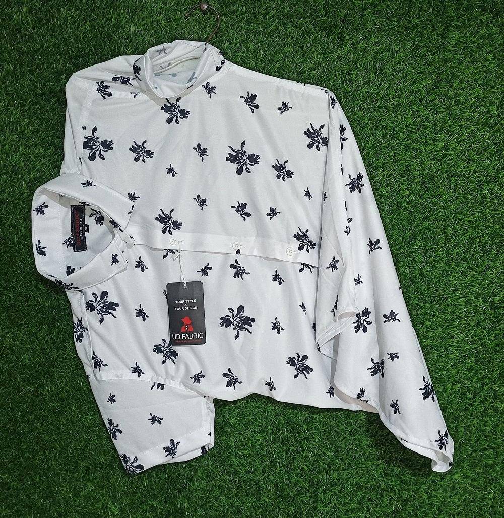 White Casual Lycra Floral Printed Shirt for Men - UD FABRIC - Your Style our Design