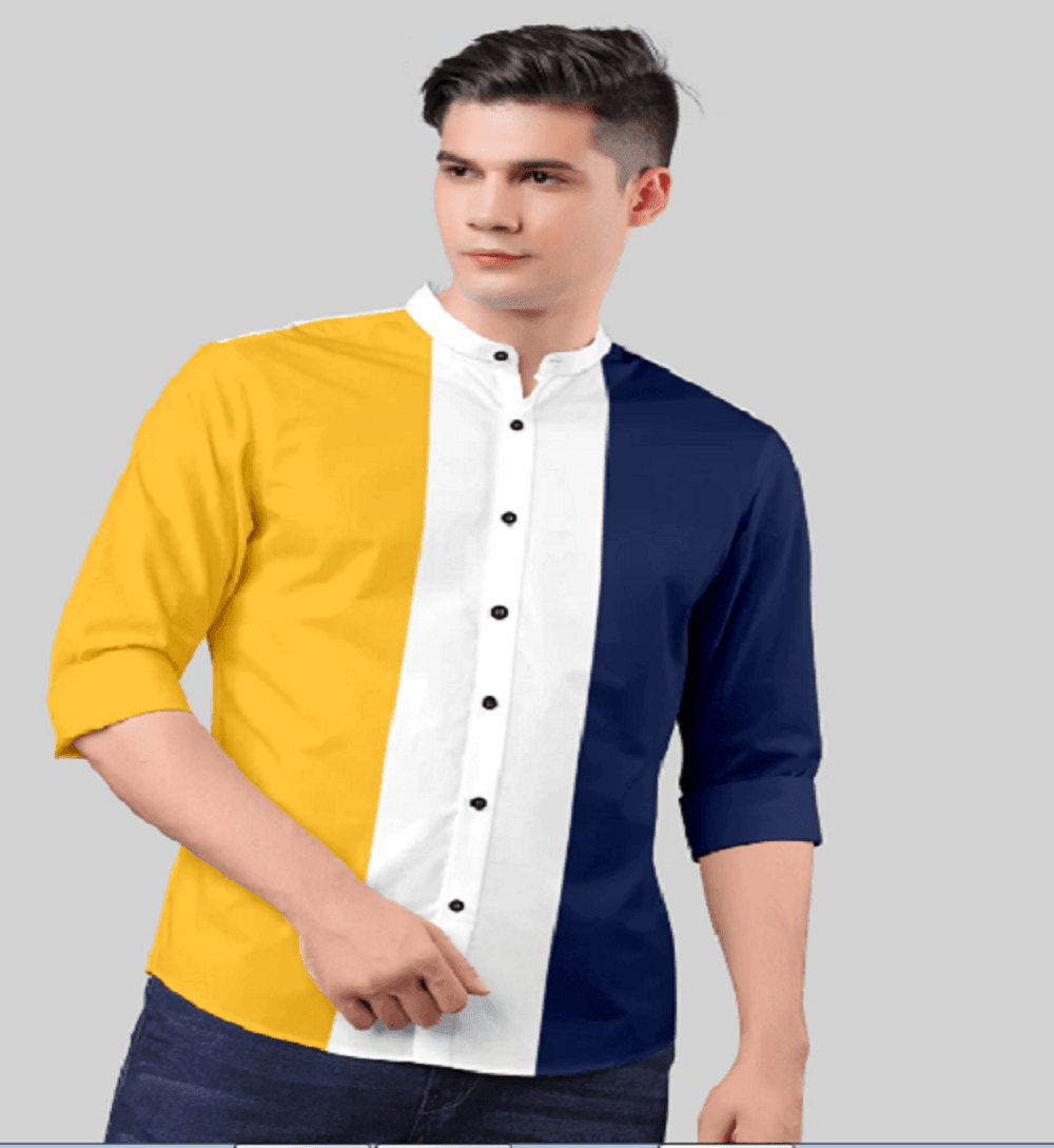 Men's Cotton  Long Sleeve Slim Fit Casual Button Down Color Block Shirts - Yellow - UD FABRIC - Your Style our Design