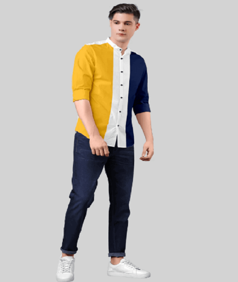 Men's Cotton  Long Sleeve Slim Fit Casual Button Down Color Block Shirts - Yellow - UD FABRIC - Your Style our Design