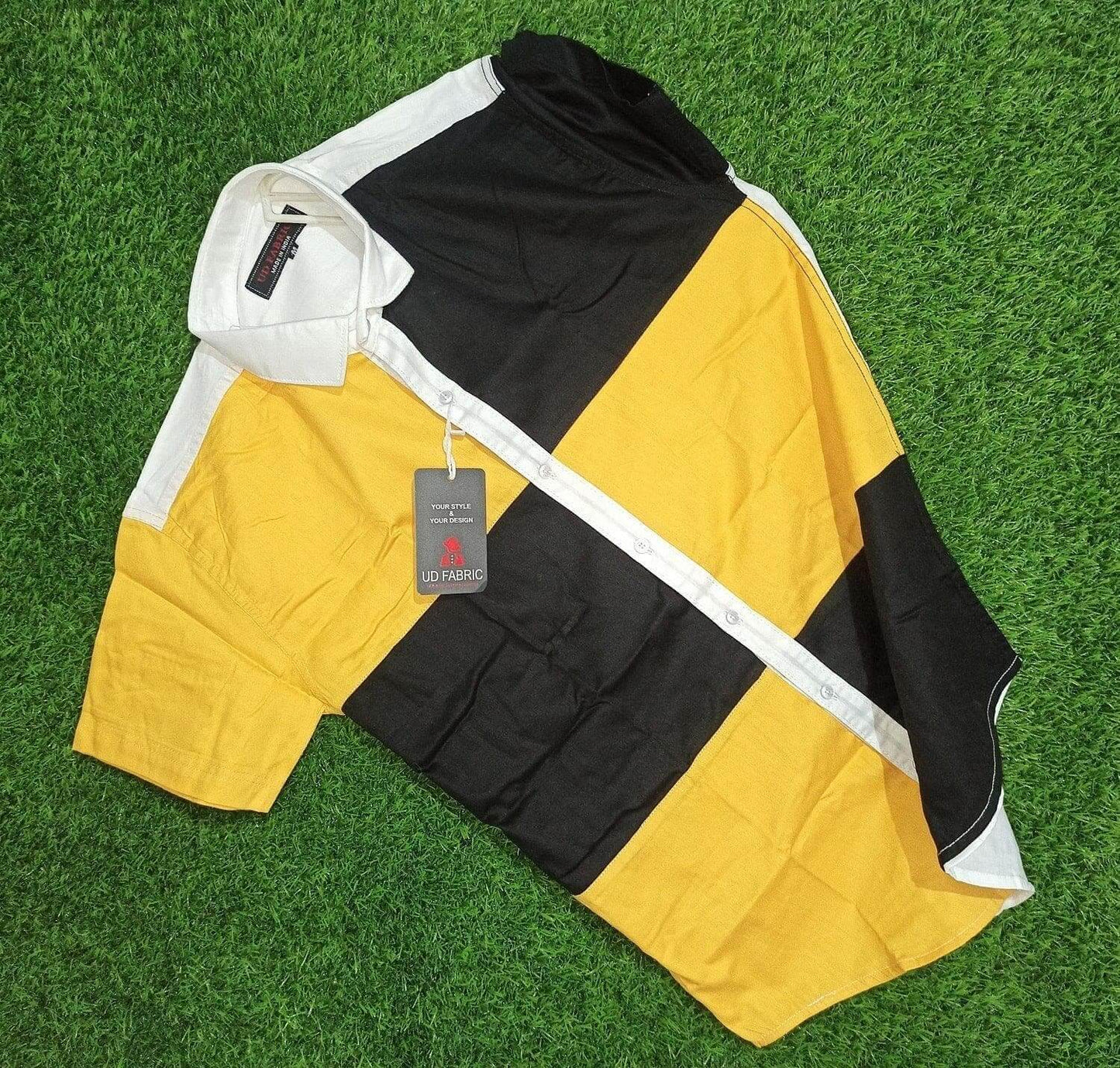 Short Sleeve Color-block Cotton Slim Fit Shirt for Men-Yellow - UD FABRIC - Your Style our Design