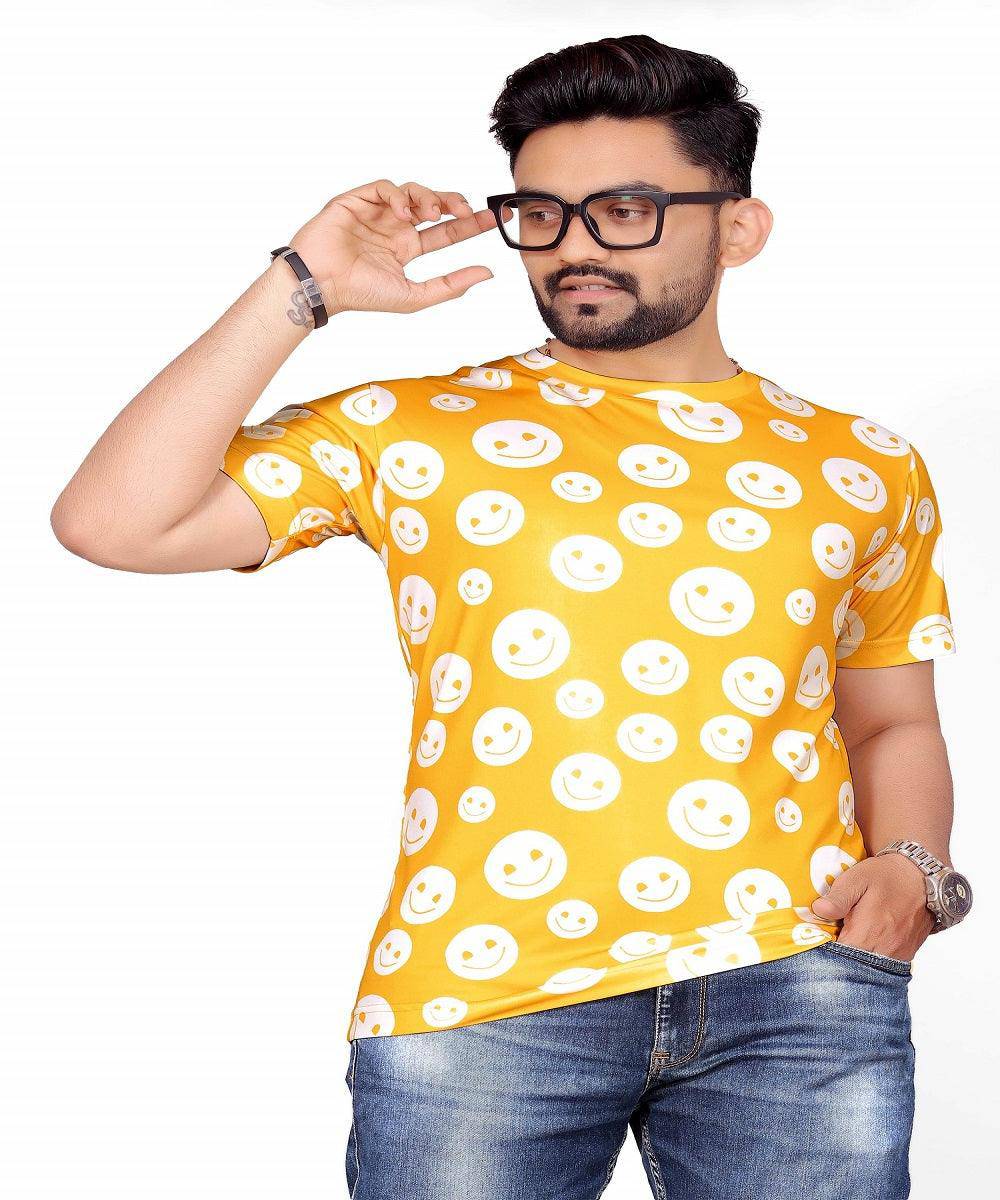 Yellow Emoji Printed Stretch Striped Short Sleeve T Shirt for Men - UD FABRIC - UD FABRIC - Your Style our Design