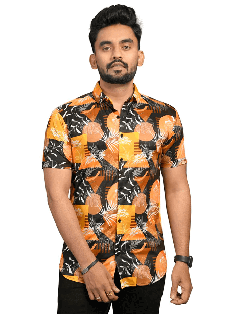 Yellow Floral Stretch Short Sleeve Printed Shirt for Men - UD FABRIC - Your Style our Design