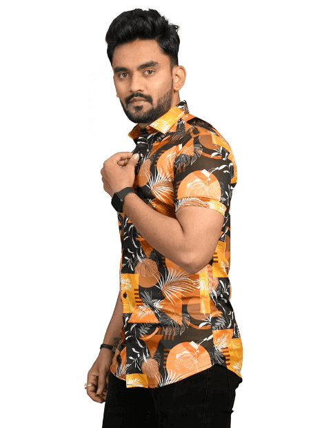 Yellow Floral Stretch Short Sleeve Printed Shirt for Men - UD FABRIC - Your Style our Design