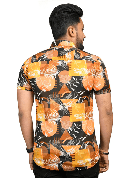 Yellow Floral Stretch Short Sleeve Printed Shirt for Men - UD FABRIC - Your Style our Design