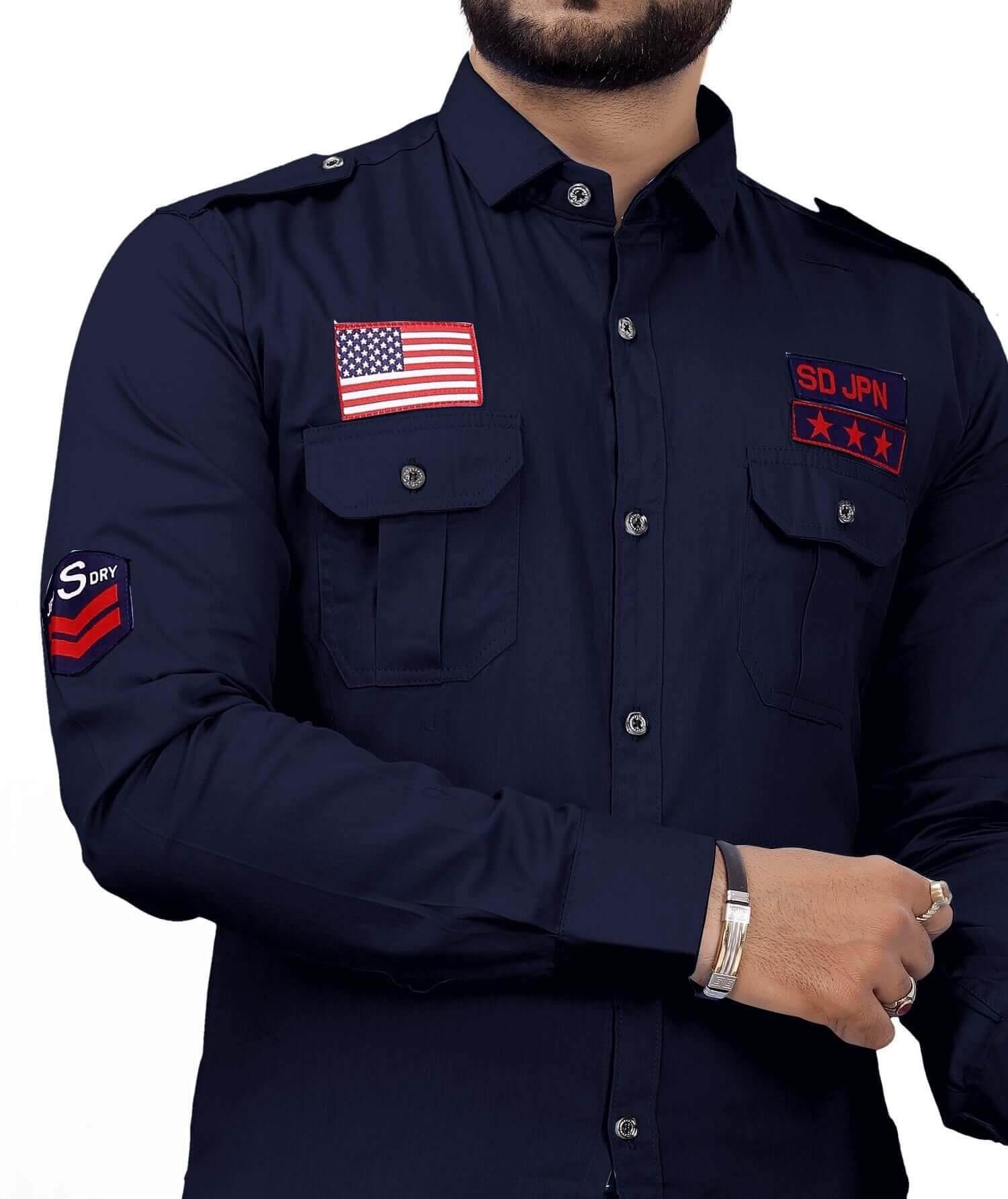 Casual 100% Cotton Two Pocket With USA Logo Full Sleeve Shirt for Men's - Blue - UD FABRIC - Your Style our Design