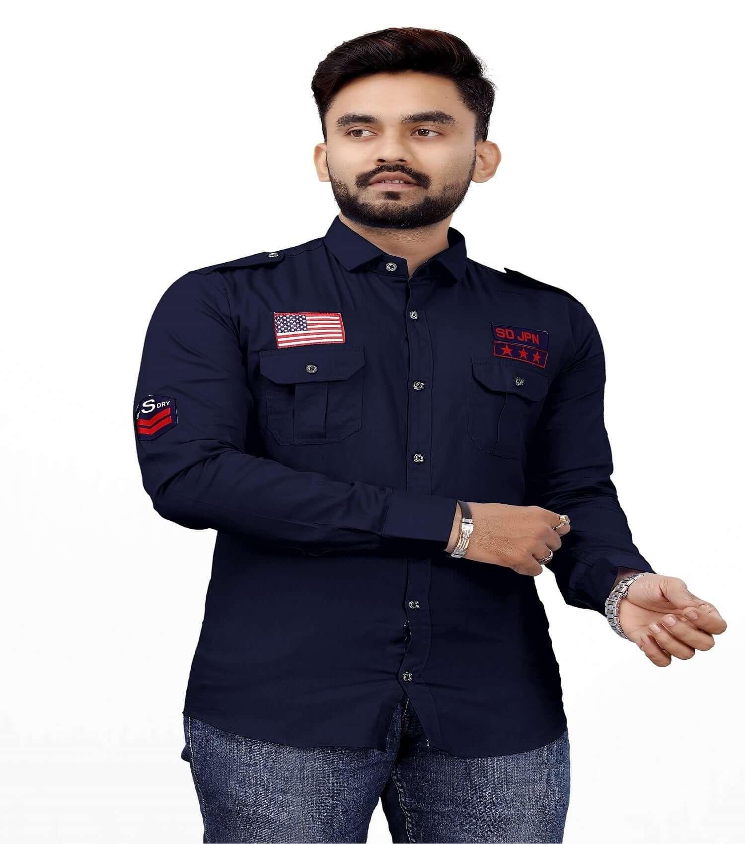 Casual 100% Cotton Two Pocket With USA Logo Full Sleeve Shirt for Men's - Blue - UD FABRIC - Your Style our Design