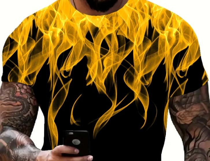 Cool 3D Flame Print T-Shirt Casual Funny Fire Pattern Pullover Unisex Fashion Tops Yellow