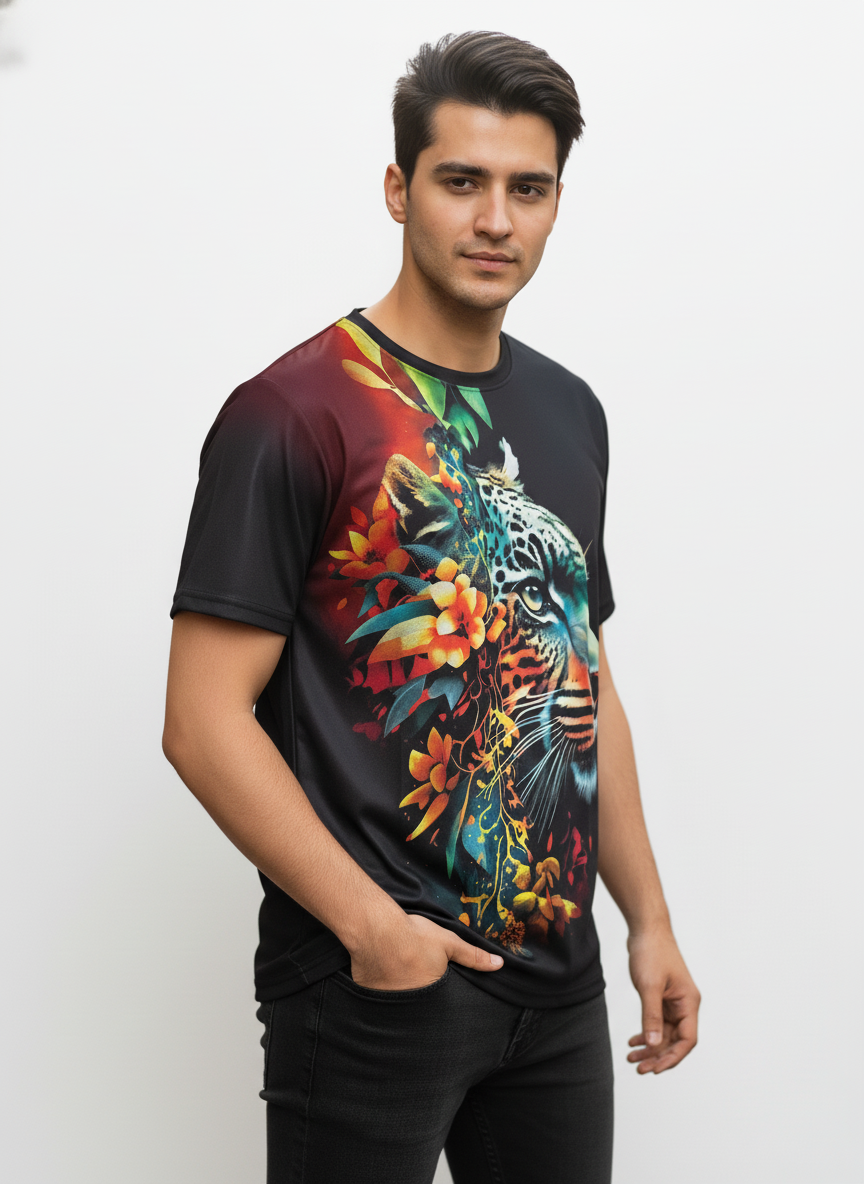 2-Pack Men's 3D Realistic Lion Graphic T-Shirts 2-Pack ( Black-Flower Tiger)