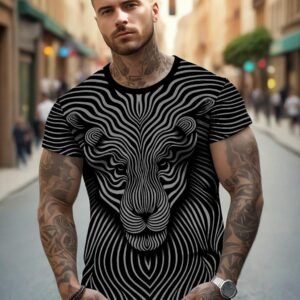 UD FABRIC Vintage Animal T Shirt for Men/Summer Short Sleeve Holiday T-Shirts Loose Clothing O-Neck Pullover/Lion Printed Attractive T Shirt (in, Alpha, L, Regular, Grey)