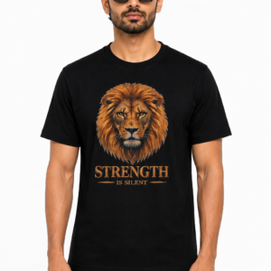 Men’s Premium Black Lion Graphic Printed T-Shirt | Strength Is Silent Round Neck Half Sleeve Cotton Tee