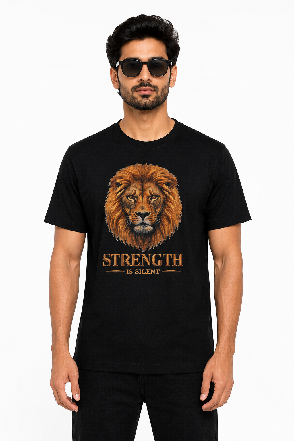 Men’s Premium Black Lion Graphic Printed T-Shirt | Strength Is Silent Round Neck Half Sleeve Cotton Tee