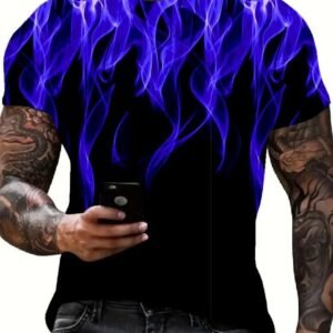 Cool 3D Flame Print T-Shirt Casual Funny Fire Pattern Pullover Unisex Fashion Tops Blue