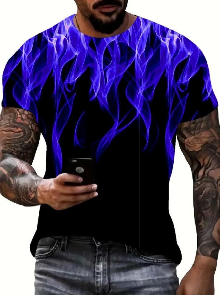 Cool 3D Flame Print T-Shirt Casual Funny Fire Pattern Pullover Unisex Fashion Tops Blue