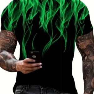 Cool 3D Flame Print T-Shirt Casual Funny Fire Pattern Pullover Unisex Fashion Tops Green