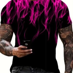 Cool 3D Flame Print T-Shirt Casual Funny Fire Pattern Pullover Unisex Fashion Tops Pink
