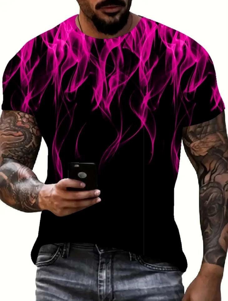 Cool 3D Flame Print T-Shirt Casual Funny Fire Pattern Pullover Unisex Fashion Tops Pink