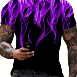Cool 3D Flame Print T-Shirt Casual Funny Fire Pattern Pullover Unisex Fashion Tops Purple