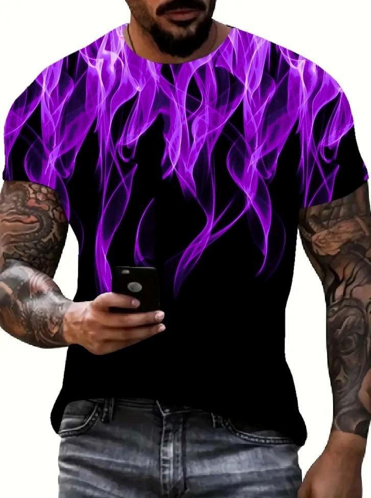 Cool 3D Flame Print T-Shirt Casual Funny Fire Pattern Pullover Unisex Fashion Tops Purple