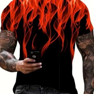Cool 3D Flame Print T-Shirt Casual Funny Fire Pattern Pullover Unisex Fashion Tops Red