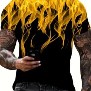 Cool 3D Flame Print T-Shirt Casual Funny Fire Pattern Pullover Unisex Fashion Tops Yellow
