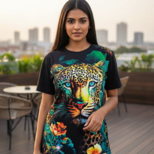 Tiger Printed Polycotton Half Sleeve Oversized Animal T-Shirt for Women