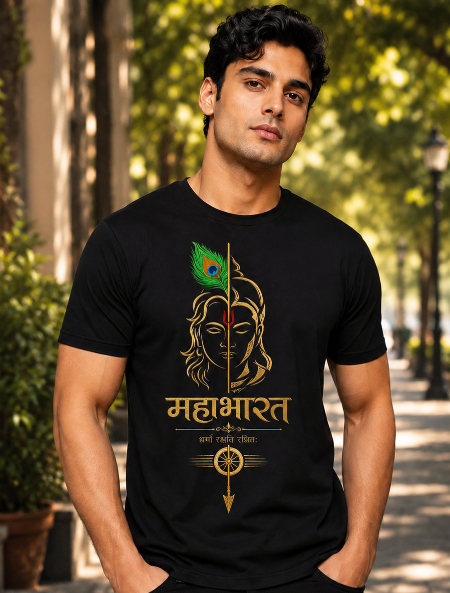 Mahabharat Krishna Premium Black Half Sleeve Round Neck T-Shirt for Men | Spiritual Graphic Printed Cotton Tee