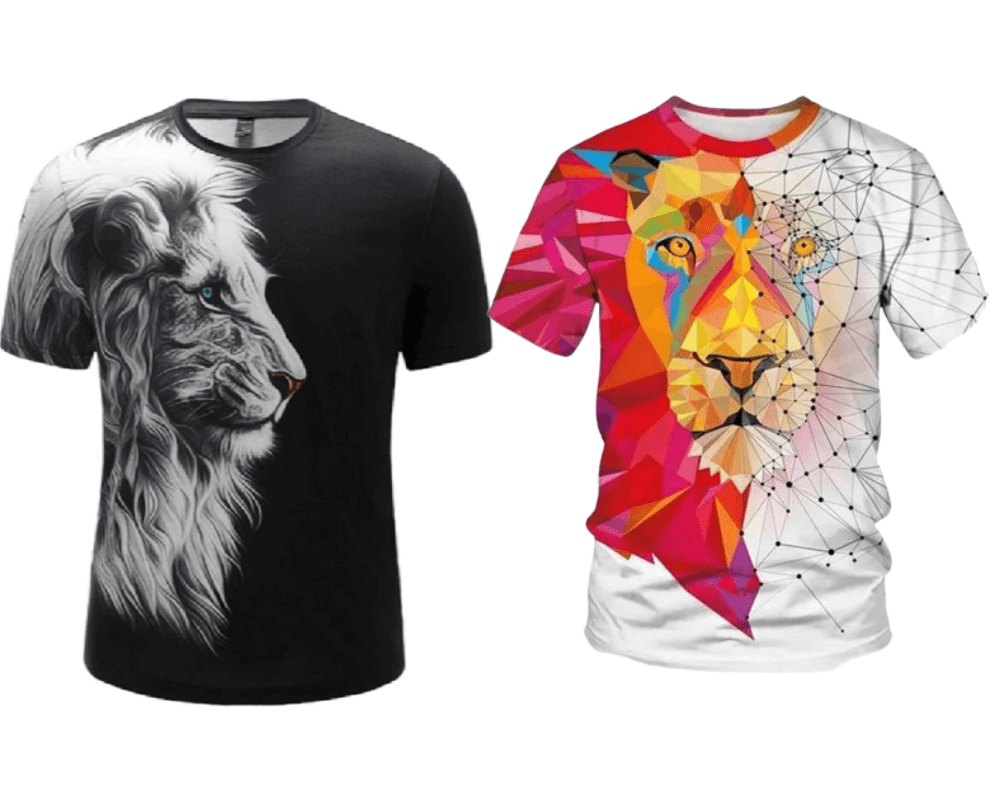 Combo - Pack of - 2 Lion T-shirt Men's Casual Street Style Stretch Round Neck Tee Shirt For Summer. White - Black
