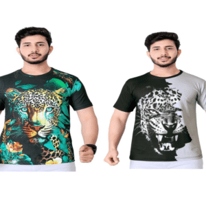 Combo - Pack of - 2 Leopard T-shirt Men's Casual Street Style Stretch Round Neck Tee Shirt For Summer. Grey - Green
