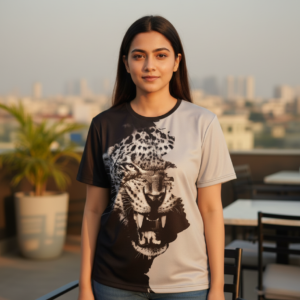 Tiger Printed Polycotton Half Sleeve Oversized Animal T-Shirt for Women ( Grey )