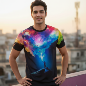 3D Galaxy & Figure Graphic Print Short Sleeve Tshirt for Men