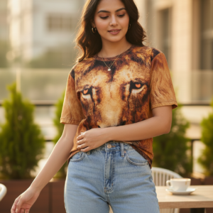 Lion Printed Polycotton Half Sleeve Oversized Animal T-Shirt for Women ( GOLD )