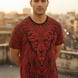 Red & Black Line Art Lion Graphic T-Shirt | Abstract Tee