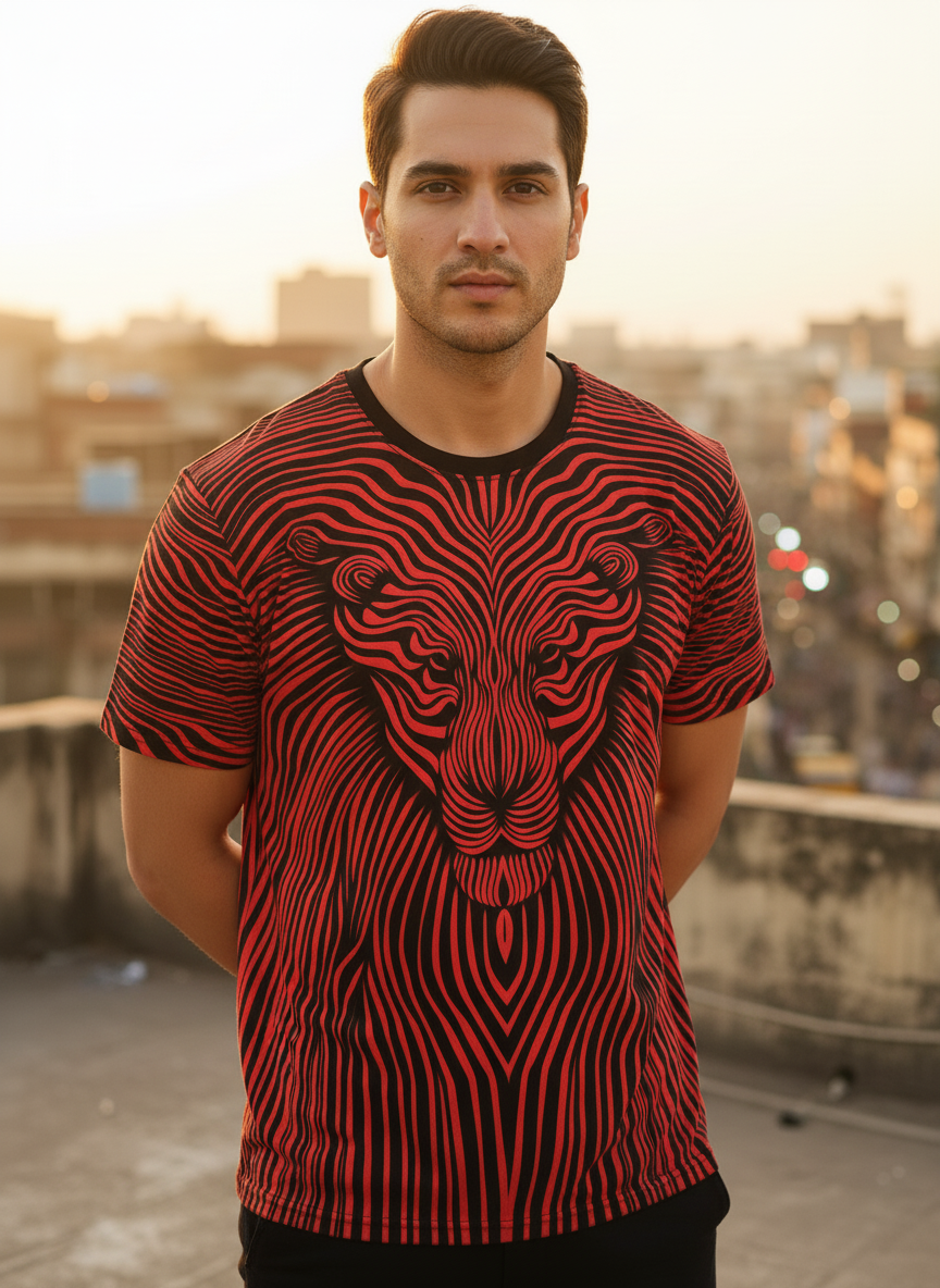 Red & Black Line Art Lion Graphic T-Shirt | Abstract Tee