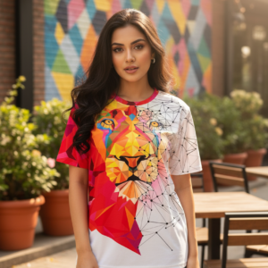 Lion Printed Polycotton Half Sleeve Oversized Animal T-Shirt for Women ( Red-White )