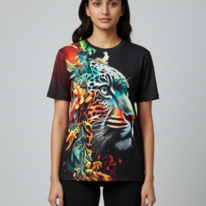 Tiger Printed Polycotton Half Sleeve Oversized Animal T-Shirt for Women ( Black )