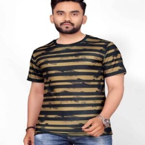 Gold Printed Stretch Striped Short Sleeve T Shirt for Men - UD FABRIC