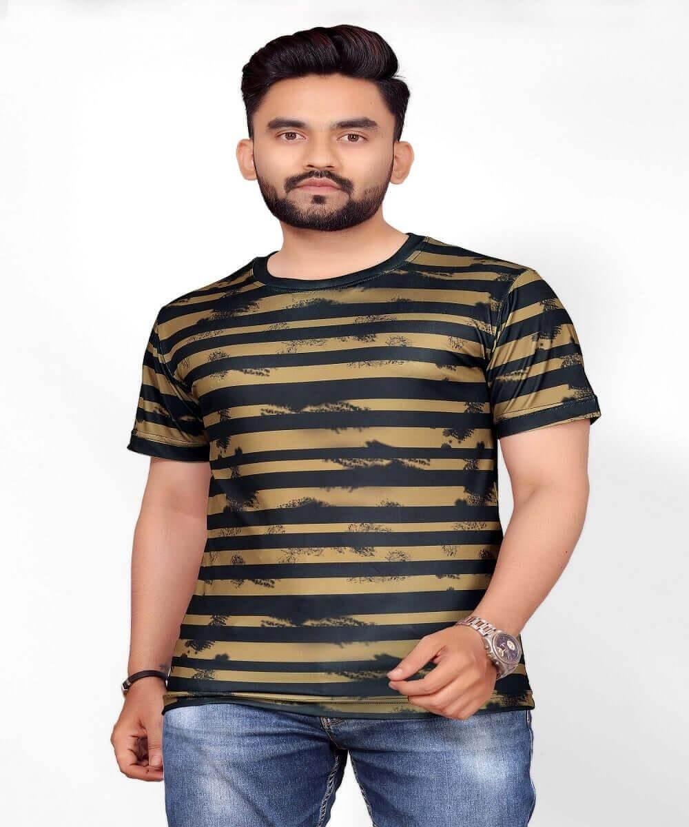 Gold Printed Stretch Striped Short Sleeve T Shirt for Men - UD FABRIC