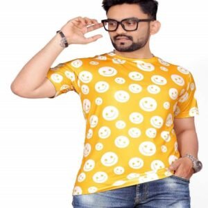Yellow Emoji Printed Stretch Striped Short Sleeve T Shirt for Men - UD FABRIC