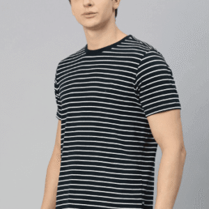 Men's Striped Short Sleeve Printed Black T-Shirts