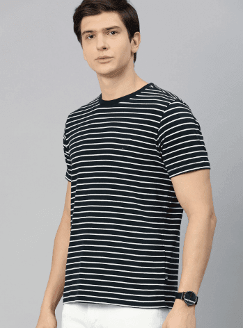 Men's Striped Short Sleeve Printed Black T-Shirts